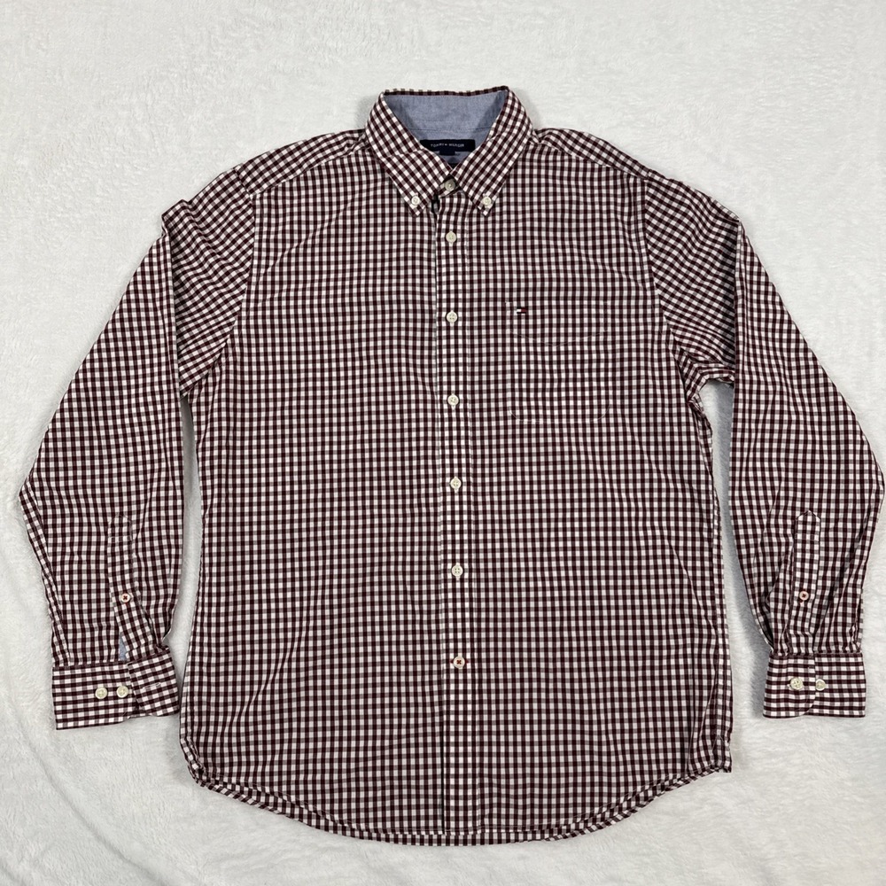 Tommy‎ Hilfiger  Men's Medium Maroon  Check Classic Fit Long Sleeve 100% Cotton